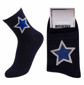 Носки хлопковые с наклейкой из страз " Fashion NO:1213 " звезда тёмно-синие р:36-41