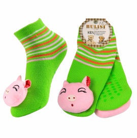Махровые носки с тормозами и 3D игрушкой " BULISI NO.F20 " зелёные р:4-6лет (17-19см)