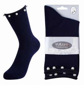 Носки хлопковые " Tulaya NO:W1140 " синие с перламутровыми бусинами р:35-40