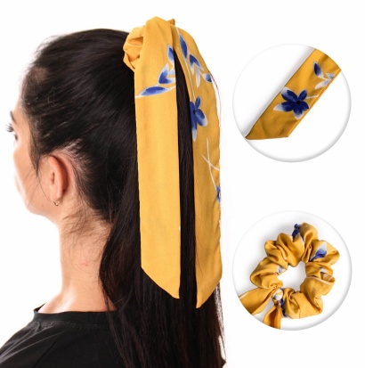 Резинка для волос объёмная с лентами " NO10 " контрастный цветочный принт жёлтая фото 97067