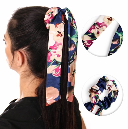 Резинка для волос атласная с лентами и цветочным принтом " NO4 " синяя фото 96813