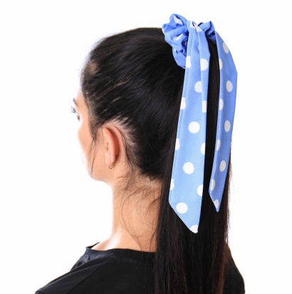 Резинка для волос в крупный горох с лентами " NO7 " голубая фото 96939