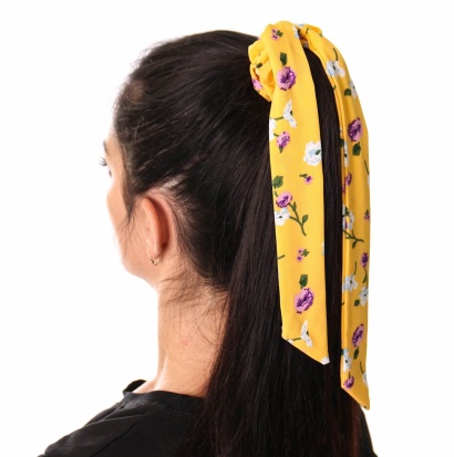 Резинка для волос объёмная с лентами и мелким цветочным принтом " NO10 " жёлтая фото 97002
