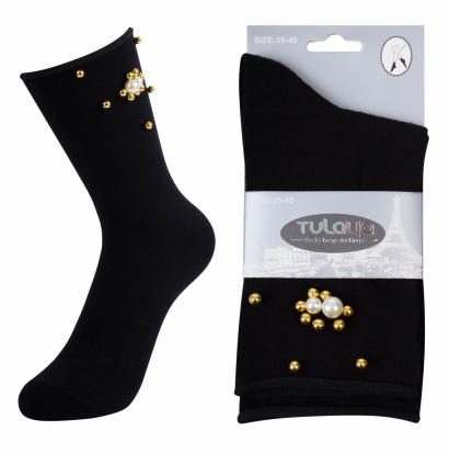 Носки хлопковые " Tulaya NO:W1140 " чёрные с золотыми бусинами р:35-40 фото 89159