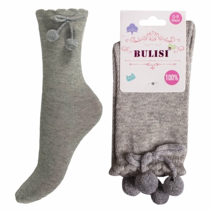 Носки детские хлопковые с тормозами и помпонами " BULISI NO:18F22 " серые р:0-9мес фото 99706