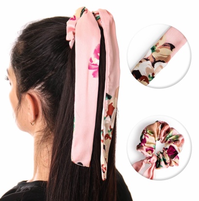 Резинка для волос атласная с лентами и цветочным принтом " NO4 " розовая фото 96831
